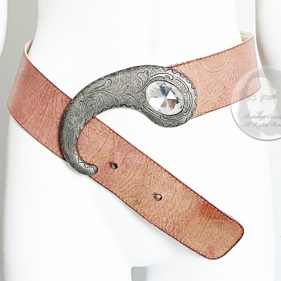 MZ Accessories of New York Belt Wide Asymmetric Stamped Leather XL Buckle 80s - Picture 1 of 15